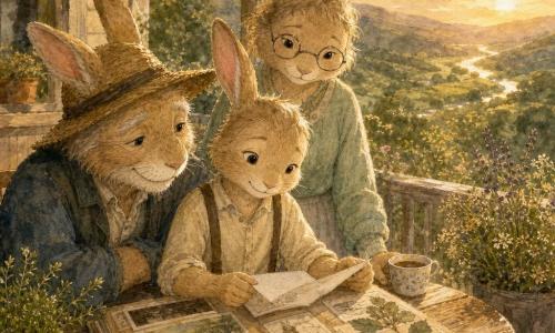 Milo, a young anthropomorphic rabbit with floppy ears and light beige fur, looks softly nostalgic with a slight smile as he holds an open folder of photos and drawings with a slightly dog-eared sheet between his paws; Grandpa Rowan, an old rabbit with silver whiskers and a straw hat, sits to Milo’s left smiling warmly and leaning on the folder, while Aunt Juniper, a rabbit woman with round glasses and a mint-green sweater, stands behind him with a cup of tea nearby; the scene is on a weathered wooden veranda with a round table, plank floor, pots of thyme and wildflowers, and a wide view of green hills and a sparkling stream, bathed in golden evening light as Milo shows his drawings and photos to his family, creating a calm, warm atmosphere with muted colors and visible paper textures.