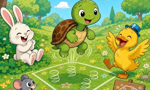 A small green turtle with a rounded snout and speckled brown shell, joyful and focused with shiny round eyes, gently bouncing on an imaginary trampoline drawn on the ground; to the left, a white rabbit with long pink ears (Benny) laughs with squinted eyes, clapping and tipping backward into clover; nearby on a leaf, a curious little gray mouse (Mina) with clasped paws ready to jump; to the right, a yellow duck wearing a small shiny hat (Dot) with ruffled feathers flaps its wings laughing; sunny meadow with soft green grass, yellow flowers and daisies, rounded trees in the background, light blue sky with fluffy clouds; on the ground a large chalk-drawn square with spiral springs, little star doodles and a naive 