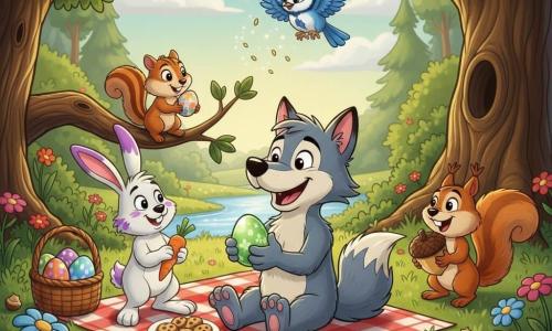 Wally, a small playful gray wolf with floppy ears and a bushy tail, sits center holding a shiny green Easter egg and smiling at his friends; to his left Benny, a mischievous white rabbit with long pink ears stained with purple paint, stands on a picnic blanket holding a carrot; behind Wally on a low branch Clara, a tiny striped red chipmunk, proudly holds a small flower-painted egg; near a large oak to the right Sammy, a cheeky reddish-brown squirrel, crouches triumphantly brandishing an acorn-like egg; above them Bella, a grateful blue tit with slightly open wings, drops sparkling seeds; the scene is a sunny forest clearing with textured green grass, colorful flowers, a sparkling stream and dense trees under a blue sky, showing a warm festive post–Easter egg hunt picnic with scattered baskets, snacks and friendly laughter, in a saturated, soft-lit, cel-shaded, child-friendly style with rounded silhouettes.