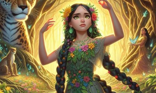 En el centro de la imagen, Xochitl, una joven de unos 16 años, se mantiene con determinación. Tiene largos cabellos negros trenzados adornados con flores coloridas, y sus ojos brillan con un destello dorado. Lleva un vestido ligero hecho de hojas y pétalos, que parece vibrar con la energía de la naturaleza. Levanta los brazos hacia el cielo, invocando la luz, con un rostro lleno de coraje y serenidad. A su lado, un majestuoso jaguar de ojos esmeralda, representando un guardián del bosque, se mantiene orgulloso y protector. En el fondo, se revela el Corazón del Mundo: un claro mágico bañado de luz dorada, rodeado de grandes árboles con troncos retorcidos y flores luminiscentes. Una fuente de agua cristalina brilla en el centro, emitiendo reflejos que danzan sobre el rostro de Xochitl. La escena principal muestra a Xochitl canalizando su poder, una energía luminosa emanando de sus manos, mientras destellos de luz se elevan a su alrededor, simbolizando la lucha contra la sombra amenazante que la rodea.