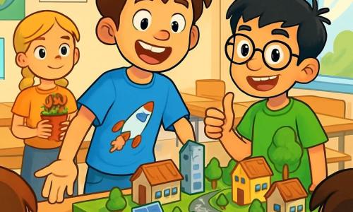 Um garoto de 12 anos, com cabelos castanhos bagunçados e olhos brilhantes de curiosidade, está diante de um modelo de cidade em miniatura, exibindo um largo sorriso de orgulho e excitação. Ele usa uma camiseta azul com um desenho de foguete e um jeans rasgado. Ao seu lado, seu amigo Miguel, também de 12 anos, com cabelos pretos e óculos redondos, o encoraja com um polegar para cima, vestindo uma camiseta verde vibrante. Ao fundo, Ana, uma garota de 11 anos com cabelos loiros trançados, observa admirada, segurando um pequeno vaso de flores que fez para o projeto. O local é uma sala de aula iluminada, decorada com pôsteres coloridos sobre ciências e meio ambiente, com mesas de madeira e janelas que deixam entrar a luz do sol. A cena principal mostra o grupo apresentando seu projeto de cidade sustentável, com painéis solares brilhantes e jardins em miniatura, enquanto um público curioso os escuta atentamente, criando uma atmosfera de entusiasmo e camaradagem.