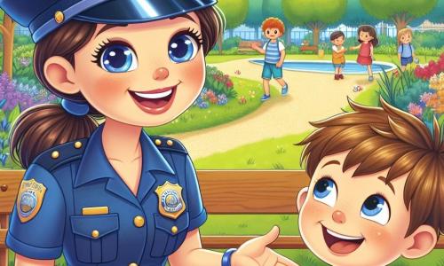 Een glimlachende vrouwelijke politieagent met een mooie blauwe pet en een glanzend uniform zit op een bank in een zonnig park. Ze heeft kastanjebruin haar in een paardenstaart en vriendelijke ogen. Ze houdt een kleine politiekaart in één hand terwijl ze vrolijk met een jonge jongen praat.

Kleine Joris, een 6-jarig jongetje, staat naast haar met een grote rode bal. Hij heeft rommelig blond haar en draagt een gestreept blauw en geel t-shirt. Zijn gezicht straalt van een grote glimlach, vol enthousiasme.

Het park is groen met majestueuze bomen, kleurrijke bloemen en spelende kinderen op de achtergrond. Een grindpad slingert door het park en een klein vijvertje glinstert in de zon.

De vrouwelijke politieagent legt Kleine Joris uit hoe ze mensen helpt, terwijl hij aandachtig luistert, gefascineerd door haar verhalen over het redden van verloren speelgoed.
