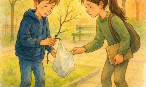 Twee kinderen van 11: Milo, lichtbruin kort en iets warrig haar, donkerblauw jasje, versleten jeans en met moddersporen bevlekte witte sneakers, houdt voorzichtig een takje vast en kijkt geconcentreerd naar een plastic zak iets links op de voorgrond; Ayla, lang bruin haar in een paardenstaart, lichtkaki trui, schoudertas en schetsboek in de hand, staat rechts gebogen naar Milo klaar de zak voorzichtig te grijpen, zachte serieuze blik; locatie: klein stedelijk pleintje met grijze platen, een dor grasveldje, drie fijne bomen met frisse knoppen, een lichtgroen bankje en vage rode bakstenen gebouwen in de achtergrond; hoofdactie: de kinderen halen voorzichtig een plastic zak uit een boomtak, rustige aandacht, aquarelachtige transparante lagen, lichte spatters bij de bladeren voor een zacht voorjaarsbriesje, zachte gouden namiddaglicht en lange schaduwen.