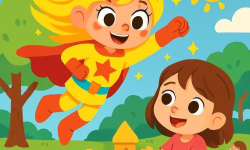 Uma super-heroína, Estrela Luminosa, é representada com cabelos brilhantes como o sol, olhos cintilantes e um traje reluzente de cores vivas. Ela sorri com uma expressão alegre e determinada, enquanto voa sobre um parque ensolarado. Ao seu lado, uma menina chamada Ana, de 7 anos, tem cabelos castanhos e olhos brilhantes. Ela está construindo um castelo de areia, com as mãos cheias de grãos dourados, e olha para Estrela Luminosa com admiração. O local é um parque verdejante, com grandes árvores de folhas vibrantes e flores coloridas que dançam ao vento. Crianças brincam ao redor, rindo e se divertindo. A cena principal mostra Estrela Luminosa sobrevoando o parque, pronta para ajudar Ana em sua construção, iluminando o lugar com sua luz acolhedora e trazendo uma atmosfera de alegria e aventura.