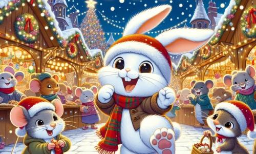 Ein kleiner Hase namens Felix mit einem weichen, weißen Fell, großen Ohren und funkelnden Augen tanzt auf einem Weihnachtsmarkt, umgeben von glitzernden Lichtern und bunten Dekorationen. Er lächelt breit und hält einen Teller mit köstlichen Keksen in seinen Pfoten. Neben ihm applaudiert eine kleine graue Maus mit einem roten Weihnachtsmannhut, ihre Augen leuchten vor Aufregung, während sie Weihnachtslieder singt. Ein braunes Eichhörnchen, das auf einem Baumast sitzt, schaut mit einem breiten Lächeln zu und hält eine Lichterkette, die es gerade aufhängt. Der Ort ist ein magischer Weihnachtsmarkt, gefüllt mit Holzständen, die mit Lichtern geschmückt sind, sanft fallenden Schneeflocken und einem großen, beleuchteten Weihnachtsbaum in der Mitte, der eine warme und festliche Atmosphäre schafft. Die Hauptszene zeigt Felix und seine Freunde, die zusammen feiern, tanzen und singen unter den funkelnden Lichtern, voller Freude und Weihnachtsgeist.