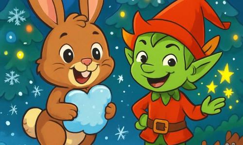 Hoppel, der kleine Hase mit großen Ohren, ist fröhlich und neugierig. Sein Fell ist weich und braun, und seine Augen leuchten vor Aufregung, während er sein kostbares Kissen in Wolkenform hält. Er steht auf einem kleinen Schneehügel, umgeben von funkelnden Schneeflocken. Neben ihm grinst der Schalksnarr, eine kleine Figur mit zerzausten Haaren und grüner Haut. Er trägt einen roten Spitzhut und glänzende Schuhe und macht mit funkelnden Sternen in seinen Händen Zaubertricks. Im Hintergrund erhebt sich ein verzauberter Wald mit schneebedeckten Bäumen und Weihnachtslichtern, die wie Sterne funkeln. Die Szene zeigt Hoppel und den Schalksnarr, die zusammen spielen, umgeben von Weihnachtszauber, während kleine neugierige Tiere sie aus den Büschen beobachten, ihre Augen sprühen vor Freude und Staunen.