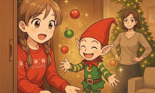 Una bambina di 10 anni emozionata e meravigliata, capelli castano chiaro a trecce, occhi grandi e luminosi, con maglione rosso di Natale e gonna verde, apre un armadio e porge la mano a un folletto birichino; il folletto, piccolo ed esuberante, pelle chiara, orecchie appuntite, berretto rosso e costume a righe verdi e oro, ride e fa levitare decorazioni natalizie; la madre sui 35 anni sorride con le mani sui fianchi vicino a un divano; il salotto è caldo e festoso con tappeto in pelliccia sintetica, lucine, un grande albero decorato e l'armadio che si apre su un mondo scintillante di stelle, creando un'atmosfera gioiosa e fiabesca.