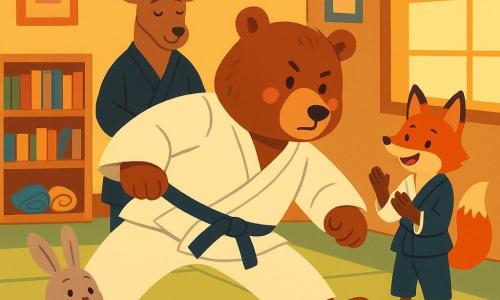 Personaggio principale: Bruno, un grande orso bruno dal pelo morbido e un po' arruffato, viso rotondo con guance rosa, sguardo concentrato e calmo, kimono bianco leggermente troppo largo, che esegue un calcio basso controllato con una piccola nuvoletta di respiro 