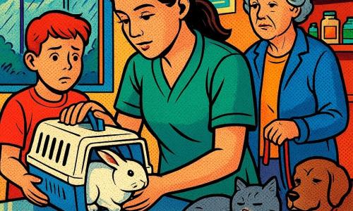 Luna, joven veterinaria tranquila y concentrada, cabello castaño recogido y bata verde, se inclina para examinar una pequeña transportadora sobre la mesa; Nube, gata gris y somnolienta, yace en el mostrador a la derecha con la cola alrededor; un niño de unos 8 años sostiene la transportadora blanca con un conejo blanco tembloroso dentro y mira a Luna preocupado a la izquierda; una mujer mayor de unos 65 años sujeta la correa de un viejo perro marrón y está junto a la entrada, ligeramente ceñuda pero segura; la mesa de examen es de metal con guantes, un estetoscopio negro, una lámpara y un cuaderno abierto; la clínica tiene iluminación cálida, paredes crema con pósteres, estantes con frascos y una ventana grande que muestra lluvia; la escena principal muestra a Luna examinando y tocando suavemente al conejo mientras el niño aprieta la caja, la mujer acaricia al perro y Nube observa desde el mostrador, en una atmósfera tierna y atenta.