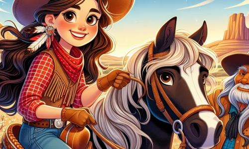 Im Vordergrund ist eine junge Cowgirl namens Lilly, etwa 25 Jahre alt, mit einem breiten Cowboyhut und einem roten karierten Hemd dargestellt. Sie hat wellige braune Haare, die über ihre Schultern fallen, und ihr Gesicht strahlt Entschlossenheit und Freude aus. Lilly hält fest die Zügel ihres prächtigen schwarzen Hengstes namens Sternchen, der bereit zu galoppieren scheint. Neben ihr sitzt ein alter Indianer, Großvater Grauer Wolf, etwa 70 Jahre alt, auf einem Felsen. Er trägt traditionelle Kleidung mit Federn im Haar und ein warmes Lächeln im Gesicht. Stolz schaut er Lilly an, bereit, ihr weise Ratschläge zu geben. Im Hintergrund erstreckt sich die Landschaft des Wilden Westens bis zum Horizont: goldene Hügel, blühende Kakteen und ein strahlend blauer Himmel mit weißen Wolken. Die Sonne geht unter und schafft eine magische Atmosphäre mit orangefarbenen und violetten Tönen. Die Hauptsituation zeigt Lilly und Großvater Grauer Wolf, die sich auf einen bevorstehenden Sturm vorbereiten, während sie Tiere zusammenbringen, um sie in Sicherheit zu bringen. Lillys Ausdruck zeigt ihren Mut und ihre Entschlossenheit, während Großvater Grauer Wolf ihr seine Weisheit und Unterstützung vermittelt.