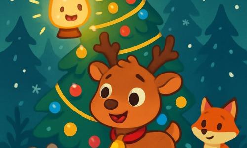 A little reindeer named Bramble, with soft brown fur and curious bright eyes, stands at the foot of a large sparkling Christmas tree. He looks joyful and relieved, wearing a small golden bell around his neck that shines under the lights. Next to him, a little lantern named Lumen, with a transparent glass body and a warm light illuminating his smiling face, floats happily above Bramble's head. The tree is decorated with colorful garlands and sparkling ornaments, surrounded by gently falling snowflakes. The scene takes place in an enchanted forest, where curious animals like a red-furred fox and a small gray mouse watch them with sparkling eyes of joy. Bramble and Lumen stand together, ready to return to their herd, illuminated by the magic of Christmas and friendship.
