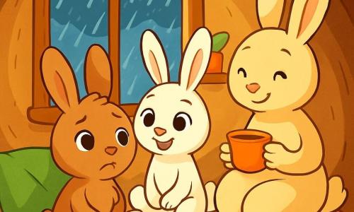 Max, ein kleiner Hase mit großen Ohren und weichem, braunem Fell, steht vor dem Fenster seines gemütlichen Baues. Er hat einen besorgten Blick, seine runden Augen glänzen vor leichtem Angst, während er den Regen beobachtet, der draußen in Strömen fällt. Neben ihm schaut seine Schwester Mia, ein kleines Kaninchen mit weißem Fell und funkelnden Augen, ihn mit einem beruhigenden Lächeln an, ihre Ohren aufgerichtet, bereit zu spielen, um seine Ängste zu lindern. Ihre Mama, eine sanfte Häsin mit crèmefarbenem Fell, steht in der Nähe und hält eine Tasse heißen Tee, mit einem beruhigenden Lächeln auf ihrem Gesicht, das zeigt, dass sie da ist, um sie zu trösten. Die Szene spielt sich in einem gemütlichen Bau ab, mit Erdwänden, bunten Kissen und verstreuten Spielzeugen, während das gedämpfte Morgenlicht durch das Fenster strömt und den Raum erhellt. Max, besorgt wegen des Regens, wendet sich an seine Familie, um Trost und Kraft zu suchen, um seine Angst zu überwinden.