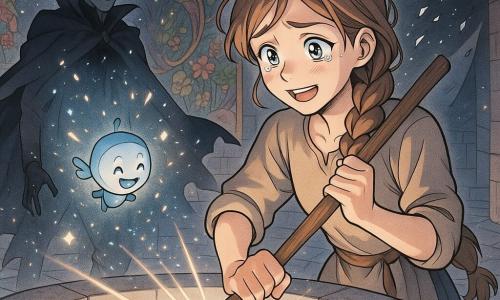 Main character: Mira, a young woman with light brown hair in a practical braid, soft determined face and tearful bright eyes, calmly sweeping a comet-straw broom into a circular well of light in a smooth stone tower; Secondary: Glint, a small twilight-blue lantern sprite, round and lively, sparks dancing near Mira's right shoulder; Secondary: the Night Regent, a pale, elegantly clad man with a dark tattered cloak and a surprised softened expression, standing back as his black glass crown cracks into falling sparks; Setting: interior of a round tower with colorful tapestries coming to life and polished stone floors; Action: Mira cleans shadow film from the light well, releasing ribbons of silver-white light that reform the tapestries and dissolve the Regent into glittering shards while Glint dances; Visual mood: strong contrast of cool shadow and warm silver light, pastel tones with gold accents, crisp manga-style lines and tender exaggerated expressions, composition centered on the luminous well and Mira in action.