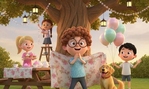 A joyful Mother's Day surprise in a sunny backyard: a round-faced 10-year-old boy with curly brown hair and large round glasses stands center on the lawn, holding a piece of fabric and beaming; his surprised mother (about 35–40, mid-length brown hair) stands just in front of him with hands to her mouth; a golden retriever sits beside the boy, tail wagging; an 11-year-old girl with blond ponytail holds a tray of colorful cupcakes behind a flower-covered picnic table to the left; an 11-year-old boy with short black hair cheers near pastel balloons on the right; a 10-year-old girl with braided brown hair hangs a glitter garland from a branch while on a small ladder; the scene includes a large old oak, hanging lanterns, paper garlands, pink-frosted cupcakes and porcelain teacups, and warm early evening light.
