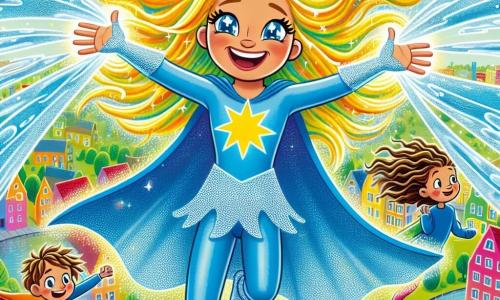 In het midden van de afbeelding staat een superheldin genaamd Sterrenlicht, een vrouw met lange, glanzende gouden haren die stralen als zonneschijn, die vrolijk glimlacht. Ze draagt een sprankelende blauwe cape en haar ogen schitteren als twee sterren. Ze vliegt boven Glimlansstad met haar armen wijd open, straalt geluk en vertrouwen uit. Aan haar rechterkant staat Windkracht, een jongen van ongeveer 10 jaar met tousled haar en een vastberaden uitdrukking, die met zijn handen krachtige wind creëert die de bladeren van de bomen onder hem laat dansen. Aan haar linkerkant staat Waterwonder, een meisje van 9 jaar met golvend haar en sprankelende ogen, die fonkelend water uit een fontein laat spuiten en regenbogen in de lucht creëert. De achtergrond toont een kleurrijke stad, Glimlansstad, met huizen in felle kleuren, groene bomen en een stralend blauwe lucht. In de verte zijn kinderen te zien die spelen en lachen, verwonderd door het spektakel. De hoofdscène toont Sterrenlicht, Windkracht en Waterwonder verenigd, gebruikmakend van hun krachten om de stad te verlichten en vreugde te brengen aan de bewoners, terwijl de Schaduwheks, een mysterieuze vrouw met donker haar en een zwarte cape, nieuwsgierig toekijkt, klaar om haar hart te veranderen.