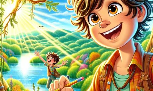 A 12-year-old boy, Oliver, with messy brown hair and sparkling curious eyes, stands in a beautiful tree, smiling widely, holding a sketchbook in one hand and a pencil in the other. Next to him, Max, another 12-year-old boy with curly hair and a colorful shirt, excitedly gazes at the landscape below, arms raised as if ready to jump. They are in a large treehouse nestled among lush greenery, with sunlight filtering through the leaves, casting a golden glow. Below, a shimmering lake reflects the blue sky, surrounded by colorful wildflowers and the distant laughter of playing children. The main scene shows Oliver and Max drawing together, capturing the beauty of their magical summer filled with excitement and joy.