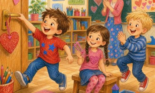 A joyful, proud 6-year-old boy Dylan with messy brown hair in a red T-shirt with glittery blue stars reaches for a glittery paper heart hanging on a door handle while laughing and hopping; Mia, about 6, with brown braids and a glitter clip in hand, smiles at Dylan from near a bench, happy and grateful; Sam, about 6 with blond hair, claps and hops beside a bin of blocks, eager; Miss Rosa, a fair-skinned teacher in her 30s with hair tied back, stands by a board smiling and gently applauding; the classroom is decorated for Valentine's Day with red and pink heart garlands, colorful posters, bookshelves and crayon jars, light wood floor, creating a warm, lively scene of children gathered around Dylan's sparkling heart.