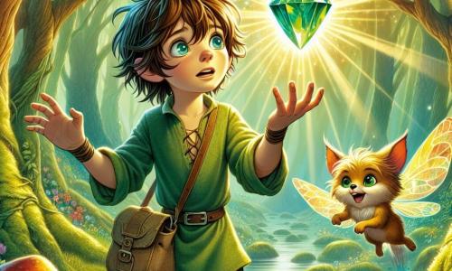 In the center of the image, an 11-year-old boy named Leo stands with a determined and awestruck expression. He has messy chestnut hair, sparkling blue eyes, and wears a green canvas tunic with a small leather bag by his side. Leo is reaching out towards a magnificent shimmering gem, the Heart of the Forest, which floats before him, emitting a soft golden light. Next to him, Pippin, a small fairy-like creature with delicate wings and emerald eyes, joyfully flutters around Leo. Pippin has fluffy fur and a playful expression, encouraging Leo on his quest. The backdrop is the enchanted forest of the Whispering Woods, with majestic trees, vibrant green leaves, and sunlight filtering through the foliage, creating luminous patterns on the moss-covered ground. Colorful flowers and strange mushrooms dot the landscape, adding a touch of magic. The scene captures the pivotal moment in the story where Leo, with courage and wonder, is about to grasp the Heart of the Forest, symbolizing his adventure and desire to help his village.