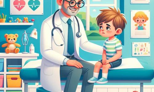 El doctor Valverde es un hombre de unos cincuenta años, con cabello canoso y gafas de montura fina. Lleva una bata blanca impecable y muestra una sonrisa cálida, reflejando su compromiso y amabilidad. Está examinando a un joven llamado Tomás, de aproximadamente ocho años, con cabello castaño desordenado y mejillas ligeramente pálidas. Tomás está sentado en una mesa de examen, luciendo inquieto pero aliviado gracias a la presencia tranquilizadora del médico. La escena tiene lugar en una consulta médica colorida y acogedora, con paredes decoradas con dibujos de niños, juguetes dispersos y una gran ventana que deja entrar la luz del sol. Posters educativos sobre salud adornan las paredes, creando una atmósfera alegre y reconfortante. La situación principal muestra al doctor Valverde tranquilizando a Tomás, explicándole calmadamente su estado de salud mientras toma notas en una tableta. El niño, aunque preocupado por su enfermedad, comienza a sonreír al escuchar las historias reconfortantes del médico.
