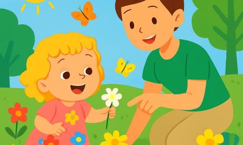 Uma menina de 2 anos, com cabelos cacheados e dourados, usa um vestido rosa com flores coloridas. Ela tem um grande sorriso alegre e olhos brilhantes de excitação. Ela está colhendo flores em um jardim ensolarado. Ao lado dela, uma professora, uma mulher de cerca de 30 anos, com cabelos castanhos presos em um coque, usa uma camiseta verde e calças bege. Ela sorri e mostra à menina como escolher as flores mais bonitas. O jardim está cheio de flores multicoloridas, borboletas voando e árvores verdes sob um céu azul brilhante. A menina se diverte colhendo flores, maravilhada com a beleza da primavera.