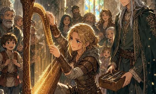 Lyra, guerreira de cerca de 25 anos, ajoelhada diante de uma grande harpa de madeira esculpida, estende a mão para apertar a última corda enquanto a harpa emite um brilho dourado quente; à direita, Elandor, elfo de aparência jovem com cabelos prateados e orelhas pontiagudas, sorri admirando e segura uma pequena caixa de ferramentas; ao fundo, uma meia-lua de habitantes maravilhados (crianças e adultos); cena num antigo templo de pedra com colunas esculpidas, mosaicos rachados, trepadeiras e pó dourado nos raios de luz dos vitrais, atmosfera solene, pacífica e esperançosa.
