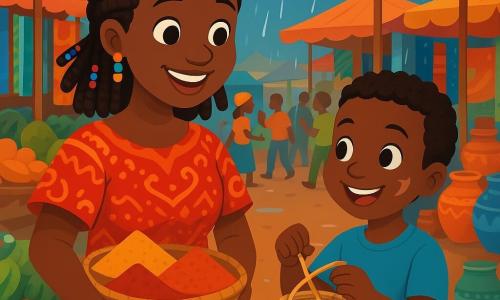 Amina, a woman in her thirties, stands at the center of a vibrant market. She has braided hair adorned with colorful beads, a radiant smile, and sparkling curious eyes. She wears a traditional dress with bright red and orange patterns and holds a wicker basket filled with colorful spices. Next to her, a 10-year-old boy with a playful face and a crescent-shaped scar on his cheek shows her how to weave a small basket. He is dressed in a simple t-shirt and shorts, smiling enthusiastically as his nimble hands move in the air. In the background, the market is a festival of colors, with stalls overflowing with tropical fruits, vibrant fabrics, and shiny jars. People move in a joyful dance, laughter and singing floating in the warm air. The main scene shows Amina learning to weave a basket, surrounded by vivid colors and joyful sounds, as the rain begins to fall softly, creating a magical and warm atmosphere.