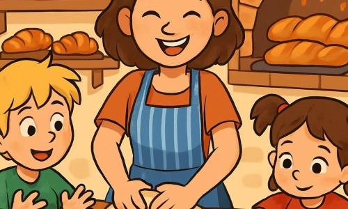 In einer kleinen, gemütlichen Bäckerei trägt eine junge Frau, Mia, ein schönes gestreiftes Schürze und hat braune Haare, die mit Mehl bestäubt sind. Sie knetet einen Teigball, ihre Augen strahlen vor Freude. Neben ihr beobachtet Max, ein 8-jähriger Junge mit zerzausten blonden Haaren, aufmerksam mit mehligen Händen, während Lina, ein 7-jähriges Mädchen mit Zöpfen, versucht, ein herzförmiges Brot zu formen, konzentriert. Die Bäckerei ist mit Mehlsäcken, bunten Marmeladengläsern und köstlichen goldenen Backwaren gefüllt, die eine magische und genussvolle Atmosphäre schaffen. Die Szene zeigt Mia und die Kinder, die zusammen lachen, umgeben von frischem Brot aus dem Ofen, und verdeutlicht die Freude am gemeinsamen Kochen.