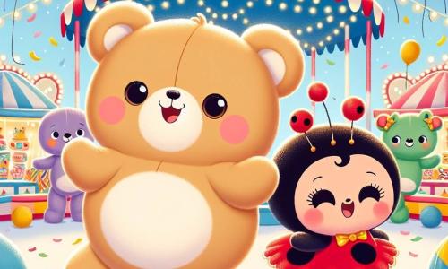 Benny, een zachte en ronde teddybeer met lichtbruin vacht en grote, sprankelende ogen, danst enthousiast midden in een kleurrijk carnaval met een grote glimlach op zijn gezicht. Naast hem draait Lila, een kleine glimlachende lieveheersbeestje in een rode jurk met witte stippen, stralend van geluk met open armen. De achtergrond is een grote feestelijke ruimte, gevuld met kleurrijke ballonnen, glinsterende slingers en snoepkraampjes, onder een stralend blauwe lucht. In het midden van het podium dansen Benny en Lila samen, omringd door lachen en muziek, terwijl ze de vriendschap en de magie van het carnaval vieren, met confetti die om hen heen vliegt.