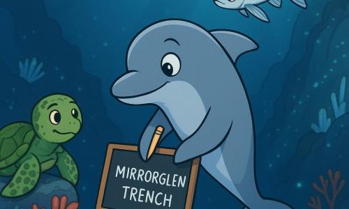 A smiling, determined bottlenose dolphin with smooth gray-blue skin and bright expressive eyes holds a black slate tied to its fin and writes gently with a waterproof pencil, focused and calm; a nervous but brave silver-finned flying fish hovers just above and slightly behind to the right watching the surface; a wise old green sea turtle with an algae-covered shell and benevolent gaze rests on a coral rock at the bottom left observing; in the background a trench wall studded with mirror-like crystals, white glass sponges, red sea fans and small bioluminescent organisms cast blue and green points of light; the dolphin writes Mirrorglen Trench on the slate at the edge of a deep trench, soft mysterious mood, deep blues, sea-greens and silver accents, smooth luminous textures and a clear centered composition emphasizing discovery and reverence.