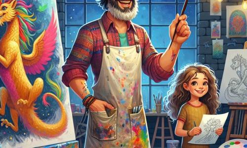 Un hombre de mediana edad, llamado Adrián, se encuentra en el centro de su estudio de arte, con una sonrisa cálida y ojos brillantes de pasión. Lleva una camisa colorida, pantalones de lona y una vieja boina manchada de pintura, mientras sostiene un pincel en una mano y un tubo de pintura en la otra, listo para compartir su amor por el arte. A su lado, una niña de 8 años, Sofía, con cabello castaño y rizado, observa admirada un gran mural lleno de colores vivos que ella ayudó a pintar. Lleva una bata de pintora manchada y sostiene una paleta de colores brillantes. Un niño de 9 años, Lucas, con cabello rizado y desordenado, está un poco más atrás, dibujando un dragón en una hoja, con los ojos brillantes de emoción. El estudio es un espacio mágico, lleno de lienzos de todos los tamaños, pinceles esparcidos y botes de pintura multicolores, con rayos de luz filtrándose a través de grandes ventanas, iluminando las creaciones de los niños. La escena principal muestra a Adrián y a los niños reunidos alrededor de un gran mural, colaborando alegremente para crear una hermosa obra, cada uno añadiendo su toque personal, mientras risas e intercambios de ideas resuenan en el aire.