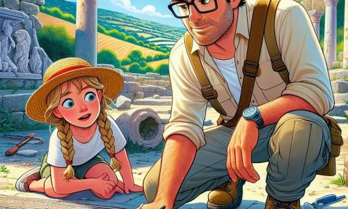 An archaeologist named Marcus is in the foreground, with slightly tousled brown hair and glasses on his nose. He wears a beige shirt and cargo pants, and his face shows intense concentration and palpable excitement as he examines a colorful mosaic at his feet. Next to him, a 12-year-old girl named Lily has braided blonde hair and wears a straw hat. She is gently brushing the mosaic with a small brush, her face lit up with curiosity. The scene takes place at a sunny archaeological site with ancient stone ruins and remnants of a Roman villa, surrounded by lush hills under a bright blue sky. Archaeological tools are scattered around them, and fragments of pottery and mosaic are visible in the ground. The main situation shows Marcus and Lily in the midst of discovery, awed by the beauty of the ancient mosaics, symbolizing their passion for history and their desire to uncover the mysteries of the past.
