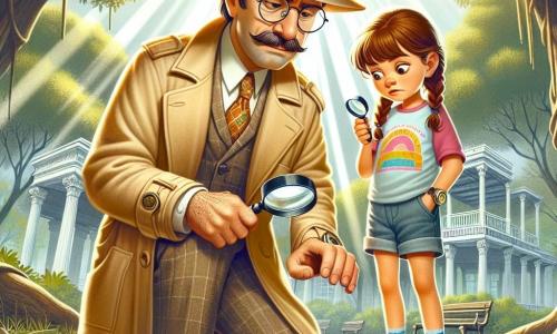 Een detective man van ongeveer 40 jaar met een verzorgde snor en ronde bril draagt een beige trenchcoat en een fedora-hoed. Hij heeft een geconcentreerde en vastberaden uitdrukking op zijn gezicht terwijl hij voetafdrukken in het stof op de grond onderzoekt met een vergrootglas in de hand. Naast hem staat een 12-jarig meisje, Sophie, met bruin gevlochten haar, gekleed in een kleurrijk t-shirt en een short. Ze kijkt bezorgd naar haar vermiste broer met haar handen op haar hart geklemd. De setting is een oud, groen park met majestueuze bomen, een grote speeltuin op de achtergrond en een oud paviljoen dat half verborgen is door het loof. Zonnestralen schijnen door de bladeren en creëren een mysterieuze sfeer. De hoofdactie toont de detective en Sophie die op zoek zijn naar aanwijzingen over de verdwijning van Tom, Sophies broer, in een zowel vredige als intrigerende omgeving waar het mysterie in de lucht hangt.
