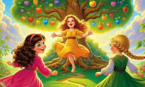 Tre ragazze, Sofia, Giulia e Martina, si trovano al centro di un'isola magica, circondate da grandi alberi dai tronchi argentati e fiori vivaci. Sofia, una ragazza di 10 anni con capelli castani e ricci, indossa un vestito giallo brillante e sorride meravigliata guardando un grande albero al centro dell'isola. Giulia, una ragazza di 9 anni con capelli biondi e lisci, salta di gioia, vestita con una tunica rosa, gli occhi brillanti di eccitazione. Martina, una ragazza di 10 anni con capelli castani e intrecciati, osserva attentamente i frutti colorati appesi ai rami, indossando un vestito verde. L'isola è illuminata da una luce dorata, con un cielo azzurro chiaro punteggiato di nuvole soffici. Al centro, un albero maestoso porta frutti dai colori vivaci: blu, rosso e giallo, simboleggiando amicizia, coraggio e gioia. Il terreno è coperto da un'erba morbida e verde, punteggiata di fiori multicolori. Le tre amiche stanno scegliendo frutti, discutendo allegramente sull'importanza delle loro scelte, mentre una leggera brezza fa danzare le foglie intorno a loro, creando un'atmosfera incantata e piena di promesse.