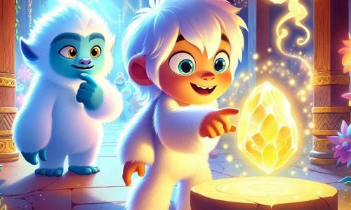 Un giovane yeti di nome Kumo, con una pelliccia bianca brillante e occhi curiosi, si trova al centro della scena con un'espressione di meraviglia e determinazione. Sta osservando una grande pietra luminosa che brilla intensamente davanti a lui, illuminando il suo viso di una dolce luce dorata. Accanto a lui, un djinn di nome Zephyr, fluttuando nell'aria, ha un aspetto etereo con pelle azzurro chiaro e capelli che fluttuano come nuvole. Sorride benevolmente, indicando la pietra per incoraggiare Kumo. Lo sfondo è una maestosa sala della fortezza dell'Albero Gigante, con pareti di legno ornate di liane scintillanti e fiori colorati. La luce dolce filtra attraverso le foglie, creando un'atmosfera magica e accogliente. Kumo sta risolvendo un'antica enigmistica, circondato da creature magiche, mentre la pietra luminosa sembra vibrare di energia, pronta a rivelare i suoi segreti.