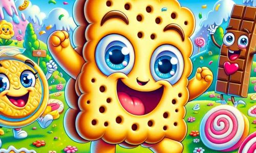 Krümel, ein kleiner lächelnder Keks mit großen runden Augen und einem fröhlichen Lächeln, springt vor Freude in einer bunten Wiese, umgeben von Bonbonblumen und Marshmallowwolken. Neben ihm tanzt Zucki, ein glänzendes herzförmiges Bonbon mit funkelnden Augen und einem breiten Lächeln, begeistert mit erhobenen Armen. Schoko, eine Schokoladentafel mit einem schelmischen Ausdruck, steht etwas im Hintergrund und lacht, während er seine Freunde beobachtet, seine Augen voller Schalk. Die Szenerie ist eine märchenhafte Landschaft mit Zuckerstangenbäumen, kuchenförmigen Hügeln und einem strahlend blauen Himmel, der mit flauschigen Wolken übersät ist. Die Hauptsituation zeigt Krümel und seine Freunde, die ihren Sieg im großen Zuckerglanz-Wettbewerb feiern, umgeben von bunten Konfetti und Lachen, was eine fröhliche und festliche Atmosphäre schafft.