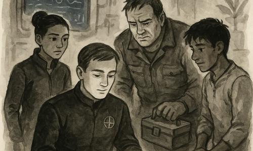 Un hombre —el comandante Iker Salvatierra— de rostro sereno y concentrado, rasgos suaves y cabello castaño corto, con uniforme oscuro e insignia de brújula en el pecho, sostiene con delicadeza dos pequeñas cápsulas brillantes sobre una mesa metálica y las mira con emoción contenida; detrás, a la izquierda, una joven llamada Sira (~30 años), con el cabello recogido y vestimenta de puente con luces de control, está de pie frente a una pantalla que muestra cartas estelares y firmas infrarrojas; a la derecha se inclina Tomares (~40 años), un mecánico robusto de manos algo grasientas y mono de trabajo, sosteniendo una pequeña caja de herramientas, con expresión preocupada pero firme; algo apartado, Naru (~18 años), con ropa recuperada y mirada tímida y agradecida, observa las cápsulas como si fueran un tesoro; todo ocurre en una pequeña sala de inspección del Domo, con paredes gruesas de reflejo vítreo, luz cálida y difusa, paneles luminosos azules, pantallas holográficas flotantes que muestran mapas y ondas sonoras y macetas al fondo; las dos cápsulas, juntas sobre la mesa, empiezan a emitir tres notas visuales representadas por finos anillos luminosos, y el equipo observa con precaución, transmitiendo una tensión suave y esperanza, con la composición centrada en las cápsulas y los rostros atentos.