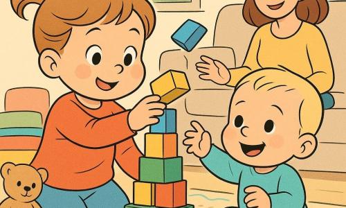 Niña de 2 años, alegre y concentrada, cabello castaño claro en coleta, sostiene un bloque de madera coloreado para colocarlo en una torre tambaleante; a su lado, niño de 1 año, rubio y sonriente, extiende la mano con otro bloque mirando la torre sorprendido; la madre, unos 30 años, está sentada en el sofá al fondo, sonriente y lista para ayudar; salón luminoso con gran ventana, alfombra de motivos geométricos, cojines coloridos y un peluche beige; escena: los hermanos construyen una torre alta de bloques multicolores, algunos parecen caerse, ambiente de complicidad y ternura.