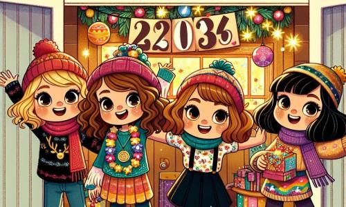 Four 10-year-old girls stand in their clubhouse decorated for New Year's. Lily, with curly brown hair, wears a red hat and a colorful sweater, raising her arms with a big smile, ready to jump. Maya, with straight blonde hair, is on the left holding sparkling garlands and laughing joyfully, wearing a multicolored scarf. Sophie, with wavy brown hair, is on the right holding a glittery box, her eyes sparkling with excitement to share her wishes. Emma, with short black hair, stands slightly back holding a countdown sign, her face lit up with excitement. The clubhouse is a small wooden cabin adorned with twinkling lights and colorful balloons, with snowflakes visible through the window as they gently fall outside. The main scene shows the four friends ready to do the "Jump of Joy" at midnight, their faces glowing with happiness and anticipation as they prepare to jump together to celebrate the new year.