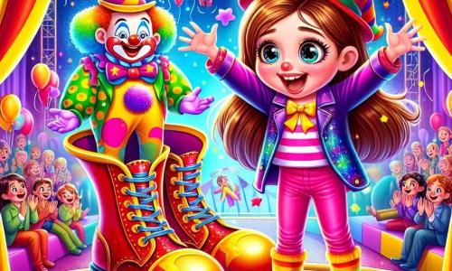 Een 8-jarig meisje, Lila, met lange bruine haren en sprankelende ogen, draagt een grote, glanzende rode clownshoed. Ze glimlacht verwonderd met open armen in het midden van het podium. Naast haar staat clown Boefje, een man van ongeveer 30 jaar met een wit geschilderd gezicht en een rode neus, die lachend struikelt over zijn grote, kleurrijke schoenen. De locatie is een levendige circustent, gevuld met felle kleuren: rode en gele strepen, zwevende ballonnen en fonkelende lichten. Achterin speelt een olifant met bellen, terwijl acrobaten door de lucht vliegen. Lila, verrast en blij, ontdekt dat ze een circusartiest is geworden nadat ze een magische hoed heeft gevonden. De toeschouwers applaudisseren en lachen, wat een feestelijke en betoverende sfeer creëert.