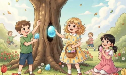 A radiant 6-year-old girl, Lily, with curly blonde hair in a yellow dress patterned with small blue bunnies, holds a wicker basket of colorful eggs after finding a large blue egg behind a tree trunk; nearby a cheerful 6-year-old boy, Ben, with short brown hair and a green t-shirt, holds a shiny blue egg aloft by a flowerbed; a 6-year-old girl, Mia, with black pigtails in a pink dress sits on the grass clapping while holding a glittery pink egg beside a small patterned mat. The garden is a fresh green lawn dotted with red tulips, white daisies and a large oak with exposed roots under a clear blue sky with soft sun rays. Lively Easter egg hunt scene with wicker baskets, multicolored eggs (blue, pink, yellow, green, purple, gold glitter) hidden among flowers and bushes, children laughing and running, bright pastel-saturated colors, warm morning light, childlike manga style with soft features, clear outlines and painted textures, composition centered on Lily near the trunk to capture her joyful expression.