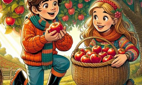 Un ragazzo di 12 anni, con i capelli castani e ricci, un grande sorriso meravigliato, è accovacciato in un campo di mele. Indossa un maglione arancione brillante e stivali di gomma, le mani piene di mele rosse lucenti. Accanto a lui, sua sorella Elisa, una ragazza di 14 anni con lunghi capelli biondi, sorride tenendo un grande cesto di vimini pieno di mele, indossa una sciarpa di lana multicolore. Sullo sfondo, un frutteto con rami carichi di frutti, foglie dorate e raggi di sole che filtrano crea un'atmosfera calda e accogliente. La scena rappresenta un momento gioioso di raccolta delle mele, dove le risate e l'eccitazione riempiono l'aria.