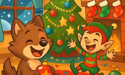 Um pequeno lobo chamado Lucas, com pelagem marrom suave e olhos brilhantes de curiosidade, está rindo alto, sentado em um tapete vermelho macio, cercado por decorações de Natal espalhadas. Ele segura uma bola de Natal brilhante com suas patas dianteiras, sua expressão é alegre e travessa. Ao lado dele, um duende travesso chamado Pipo, com cabelos vermelhos bagunçados, orelhas pontudas e uma roupa listrada vermelha e verde, faz caretas enquanto jongla com estrelas cintilantes. Seu rosto está iluminado por um sorriso malicioso, e ele pula alegremente ao redor de Lucas. A cena ocorre em uma aconchegante sala de estar decorada para o Natal, com uma grande árvore iluminada, guirlandas coloridas e meias de Natal penduradas acima de uma lareira crepitante. Flocos de neve caem suavemente do lado de fora através de uma janela, adicionando um toque mágico à atmosfera. Lucas e Pipo se divertem reorganizando as decorações de Natal, rindo juntos enquanto criam uma bagunça alegre, com bolas de Natal penduradas de forma lúdica e confetes espalhados ao redor deles.