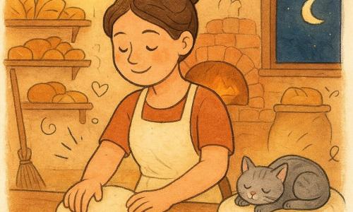 O femeie brutar în jur de treizeci de ani, păr brun prins într-un coc lejer, față rotundă cu obraji pudrați cu făină, zâmbitoare și blândă, atinge o bilă de aluat pe o masă mare de lemn; o pisicuță gri, Miez, cu ochi verzi, somnoroasă pe un sac de făină în dreapta mesei; nicio altă persoană. Brutăria este primitoare: rafturi de lemn cu pâini aurii și brioșe, un cuptor mare din cărămidă roșie în spate, saci de făină deschiși și un mop sprijinit de perete; o lampă suspendată emite lumină galbenă caldă și lumina lunii pătrunde pe fereastră. Moment liniștit de seară în care brutarul alege rețeta pentru a doua zi, degetele acoperite de făină, bucăți de aluat și o lingură de lemn lângă un bol; abia perceptibile volute care sugerează vanilie și scorțișoară. Paletă caldă (ocru, maro, galben) cu accente gri și albastru închis la fereastră; stil ilustrație pentru copii, linii moi, texturi de cretă și acuarelă, compoziție centrată pe femeie și masă.