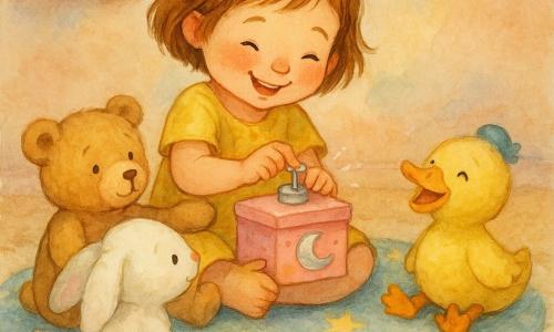 The scene shows 4-year-old Mia, radiant and focused with laughing eyes and rosy cheeks, short light brown hair, sitting on a round star-patterned rug holding a small pink music box with a silver moon and gently turning its knob; a light brown teddy bear (Teddy) to her left with sewn black eyes reaches a paw as if to support the box, a fluffy white rabbit (Bunny) with long drooping ears sits in front, leaning in attentively, and a yellow duck plush (Duck) with a small blue hat sits to the right, laughing silently with its hat fallen on the rug; the pastel child’s bedroom has peach walls, a low shelf of colorful books, a bunting, a cream textured rug and scattered toys, bathed in soft light and watercolor-like shadows; the main moment is a warm, tender scene where friends gently help the music box stop hiccuping, with quiet laughter and small watercolor splashes suggesting the music’s movement.