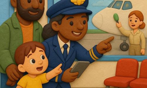 A warm-faced female pilot (Captain Nora) in a navy uniform with gold stripes leans toward an airport window, pointing to the cockpit with one hand and holding a small control tablet in the other, while a wide-eyed little girl (Mia, about 4) in a yellow dress, brown pigtails, holds her father’s hand and mimics the gesture; the father (about 35, light beard, green jacket) stands behind her smiling, a flight attendant in a light uniform waves a small green guiding lamp in the background to the right, and through the large terminal window you can see shiny tiled floors, red waiting seats, blue boarding signs and a large white airplane with a lit cockpit—the scene is reassuring and educational, with clear gestures, simple silhouettes, bright colors, smooth thick clay-like textures, soft shadows and rounded forms.