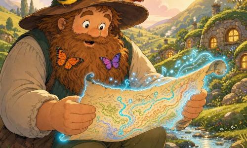 Um gigante chamado Baltazar, grande e redondo, rosto sereno e sorriso terno, ajoelhado junto a um ribeiro de água clara segurando delicadamente um grande mapa- pergaminho animado e luminoso que emite uma aura azul e notas como ondas; dois passarinhos de cores vivas pousam em seu largo chapéu e dois papilões de asas laranja e roxa repousam em sua barba; ao redor uma vale de colinas verdes e macias, casinhas de pedra com janelas cor de mel sob um céu pastel, atmosfera calorosa, pacífica e mágica com raios dourados filtrando pelas árvores.