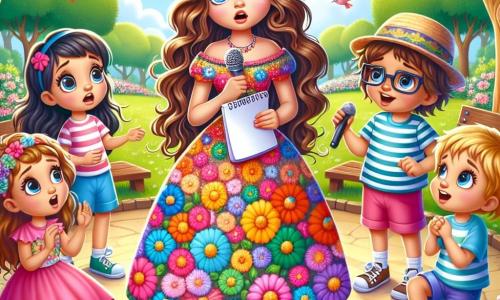 Lila é uma jovem com longos cabelos cacheados e um vestido colorido adornado com flores. Ela tem um olhar inquieto, mas determinado, segurando um bloco de notas em uma mão e um microfone na outra, em pé no centro do parque. Ao seu redor, um grupo de quatro crianças alegres: uma menina de 8 anos com tranças e uma camiseta listrada, um menino de 7 anos com óculos e um chapéu de palha, uma menina de 6 anos com um vestido rosa e uma coroa de flores, e um menino de 9 anos com uma camiseta azul e um grande sorriso. Eles estão todos em círculo ao redor de Lila, olhando com admiração e impaciência. O parque está cheio de árvores verdes, flores coloridas e bancos de madeira. Um grande céu azul se estende acima deles, e pássaros cantam nos galhos. A cena principal mostra Lila, sem voz, buscando inspiração para criar uma nova canção com a ajuda das crianças, todos unidos em uma atmosfera alegre e criativa.