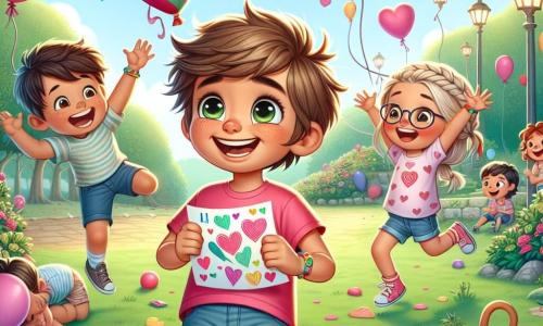 Um menino de 10 anos, Miguel, com cabelos castanhos bagunçados e um grande sorriso, está no centro da imagem, segurando uma carta colorida com um coração desenhado. Seus olhos brilham de excitação e curiosidade enquanto ele olha ao redor, ansioso para descobrir a identidade de seu admirador secreto. À sua direita, Clara, uma menina de 10 anos com cabelos loiros trançados e óculos redondos, está pulando de alegria, com os braços levantados. Ela usa uma camiseta rosa com estampas de corações e um short de jeans. À esquerda, Lucas, um menino de 10 anos com cabelos castanhos e olhos brilhantes, está agachado, procurando em uma mochila colorida um presente para Miguel. Ao fundo, o parque está decorado com balões coloridos e guirlandas em forma de corações, com árvores verdes e crianças brincando alegremente. A cena principal mostra Miguel, Clara e Lucas juntos, cercados por uma atmosfera festiva, enquanto se preparam para celebrar o Dia dos Namorados e descobrir o mistério do admirador secreto de Miguel.