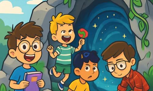 Há 4 crianças: - Bruno: um garoto de 10 anos, com cabelo castanho bagunçado e óculos redondos. Ele usa uma camiseta azul e um short vermelho, segurando um caderno nas mãos, com um grande sorriso no rosto. - João: um garoto de 10 anos, com cabelo loiro e um doce colorido na boca. Ele usa um doce verde e uma camiseta listrada, pulando de empolgação ao lado de Bruno. - Carlos: um garoto de 10 anos, com cabelo negro e óculos de sol na testa. Ele usa uma camiseta amarela e um short preto, olhando com curiosidade para a entrada da caverna. - Miguel: um garoto de 10 anos, com cabelo castanho e óculos. Ele usa uma camisa xadrez e uma calça bege, inclinando-se para examinar o chão perto da entrada da caverna. As crianças estão diante da entrada de uma caverna misteriosa, cercada por grandes pedras cinzas e cipós verdes, com um brilho mágico emanando de dentro. O céu é de um azul brilhante, e pássaros coloridos voam acima delas. A cena mostra as crianças, maravilhadas e um pouco preocupadas, olhando para o espelho ondulante dentro da caverna, que brilha como estrelas, prontas para se aventurar em uma viagem no tempo.