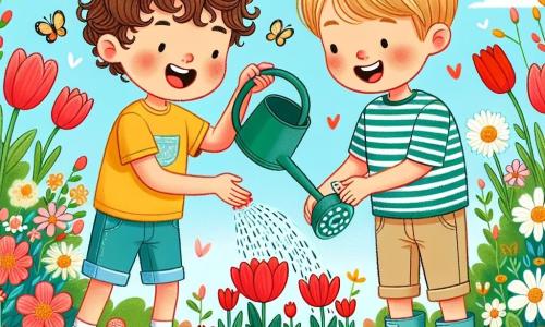 Dois meninos, Luca e Tomás, de 7 anos. Luca tem cabelos castanhos e cacheados, usa uma camiseta amarela e um short azul, e está plantando sementes no jardim. Tomás tem cabelos loiros e lisos, usa uma camisa verde listrada e uma calça bege, e está regando as sementes com um pequeno regador. O jardim está cheio de flores coloridas: tulipas vermelhas, margaridas brancas e rosas cor-de-rosa. O céu é azul com algumas nuvens brancas, e borboletas voam ao redor das flores, adicionando magia à cena. Luca e Tomás se divertem plantando sementes e regando as flores, rindo juntos sob o sol da primavera, cercados pela beleza da natureza que desperta.